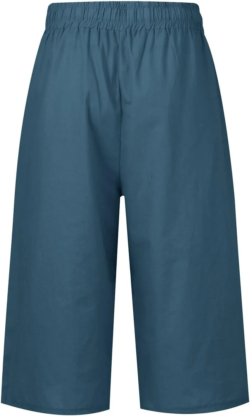 Capri Pants for Women Casual Lightweight Drawstring Waist Pedal Pushers Comfy Ruffle Hem Lounge Pants with Pockets