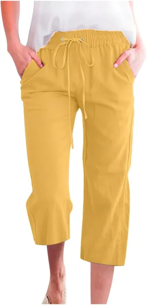 Capri Pants for Women Casual Linen Pants Summer Elastic High Waist Capris Loose Fit Straight Wide Leg Cropped Trouser