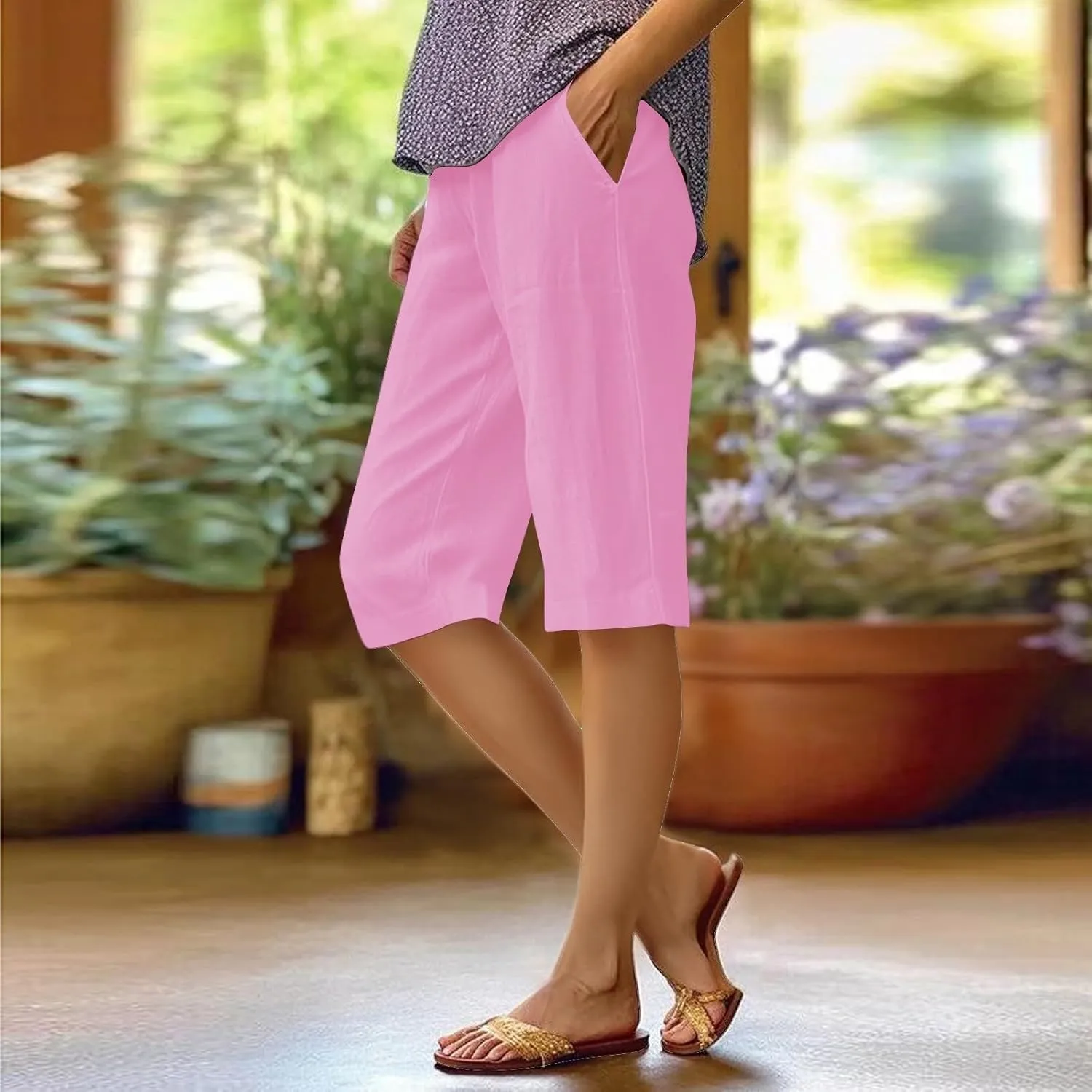 Capri Pants for Women Casual Linen Summer Elastic Waist Pant Straight Solid Wide Leg Workout Trouser with Pocket