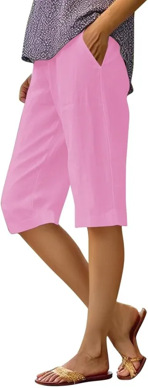 Capri Pants for Women Casual Linen Summer Elastic Waist Pant Straight Solid Wide Leg Workout Trouser with Pocket