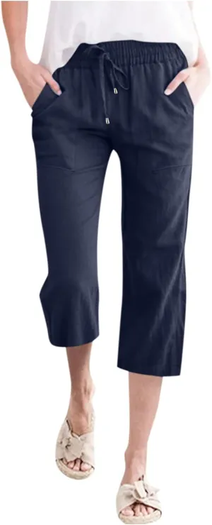 Capri Pants for Women Cotton Linen Casual Summer 2025 Wide Leg Loose Drawstring Elastic Waist Cropped Trousers