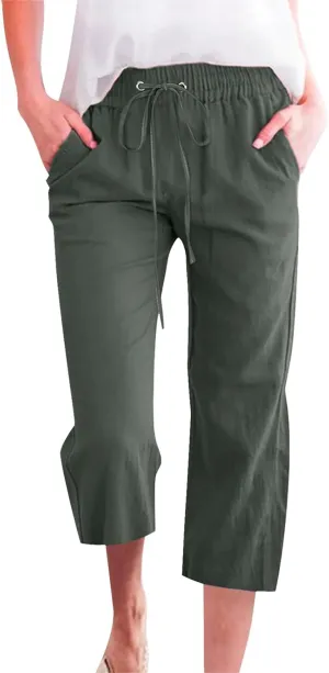 Capri Pants for Women Dressy 2025 Cotton Linen Summer Straight Wide Leg Drawstring Elastic Waist Cropped Trouser