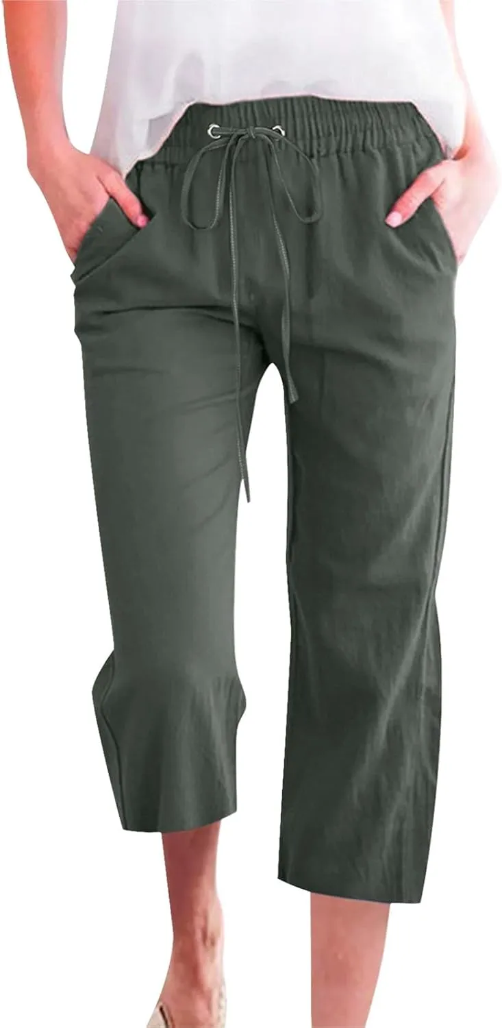 Capri Pants for Women Dressy 2025 Cotton Linen Summer Straight Wide Leg Drawstring Elastic Waist Cropped Trouser