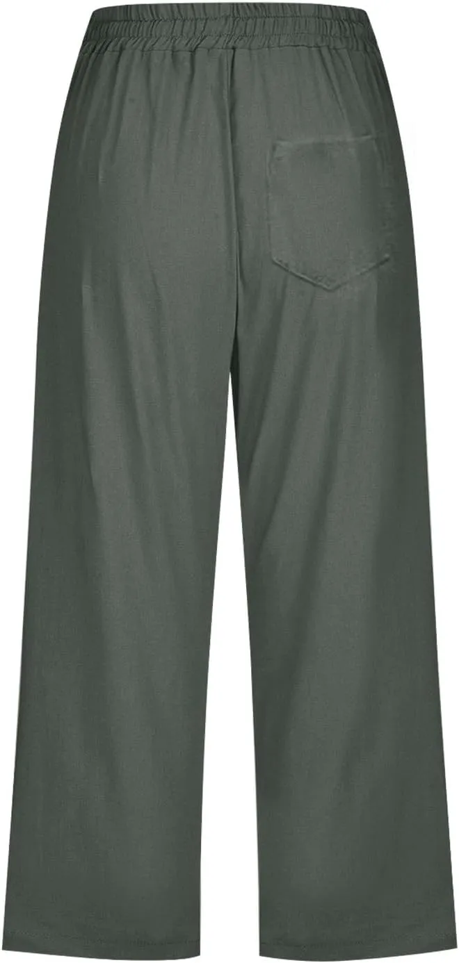 Capri Pants for Women Dressy 2025 Cotton Linen Summer Straight Wide Leg Drawstring Elastic Waist Cropped Trouser