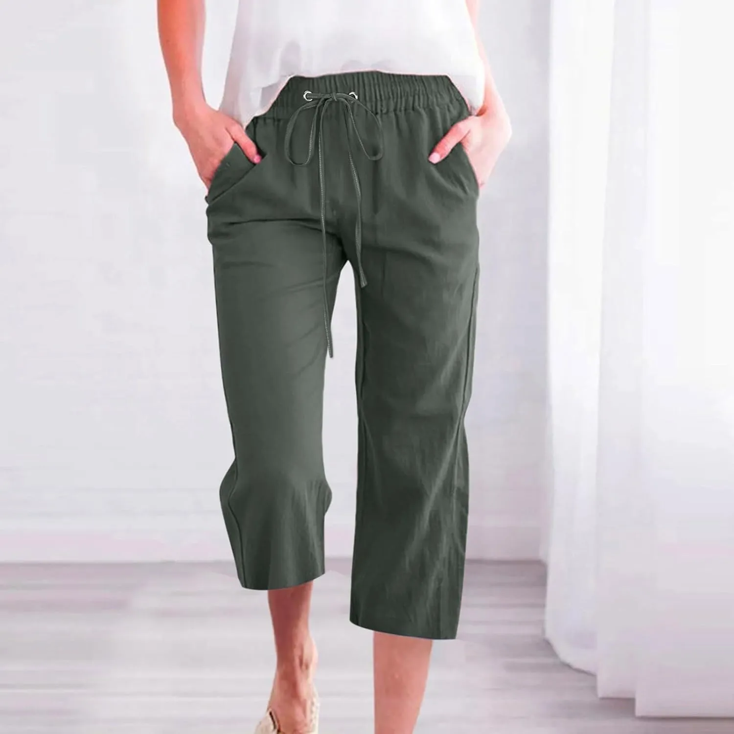 Capri Pants for Women Dressy 2025 Cotton Linen Summer Straight Wide Leg Drawstring Elastic Waist Cropped Trouser
