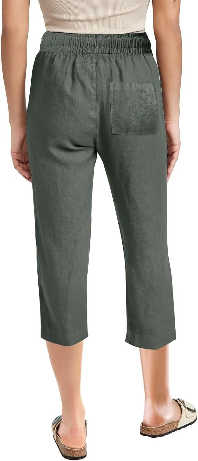Capri Pants for Women Dressy 2025 Cotton Linen Summer Straight Wide Leg Drawstring Elastic Waist Cropped Trouser