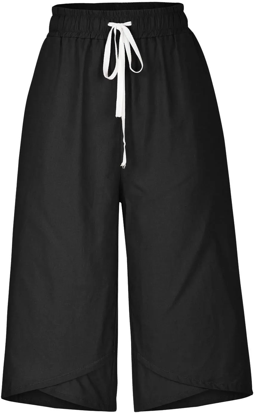 Capri Pants for Women Summer Elastic High Waisted Cotton Linen Lounge Pant Drawstring Causal Trousers with Pockets