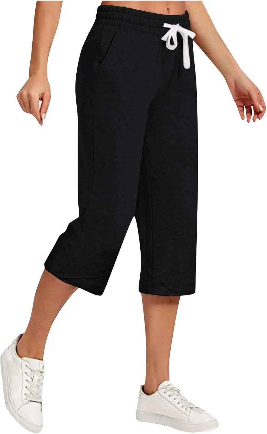 Capri Pants for Women Summer Elastic High Waisted Cotton Linen Lounge Pant Drawstring Causal Trousers with Pockets