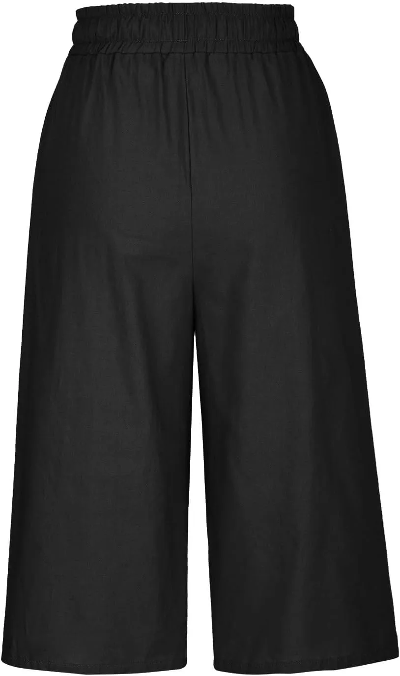 Capri Pants for Women Summer Elastic High Waisted Cotton Linen Lounge Pant Drawstring Causal Trousers with Pockets