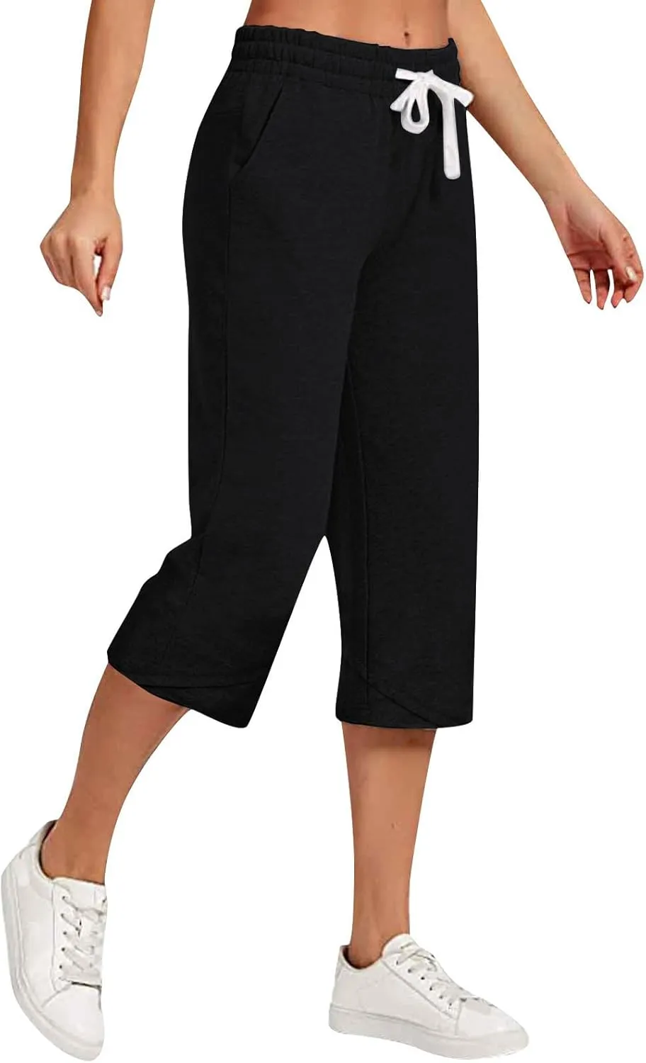 Capri Pants for Women Summer Elastic High Waisted Cotton Linen Lounge Pant Drawstring Causal Trousers with Pockets