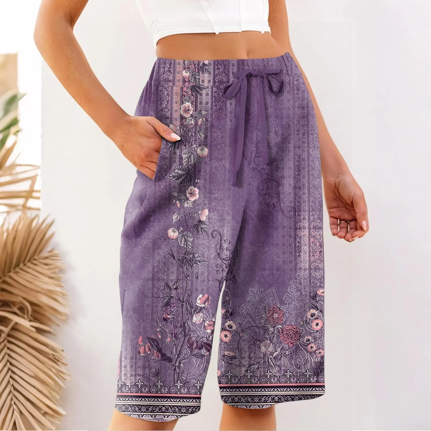 Capri Pants for Women Wide Leg Knee Length Boho Floral Summer Bermuda Shorts Cotton Linen Trousers with Pockets