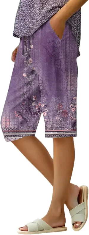 Capri Pants for Women Wide Leg Knee Length Boho Floral Summer Bermuda Shorts Cotton Linen Trousers with Pockets
