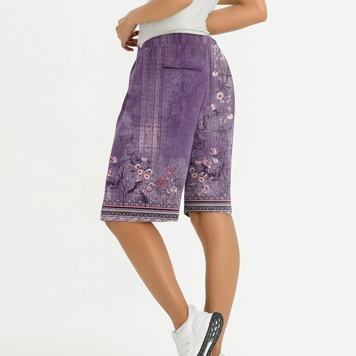 Capri Pants for Women Wide Leg Knee Length Boho Floral Summer Bermuda Shorts Cotton Linen Trousers with Pockets