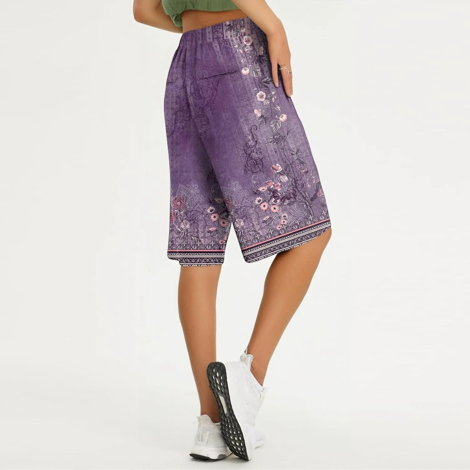 Capri Pants for Women Wide Leg Knee Length Boho Floral Summer Bermuda Shorts Cotton Linen Trousers with Pockets