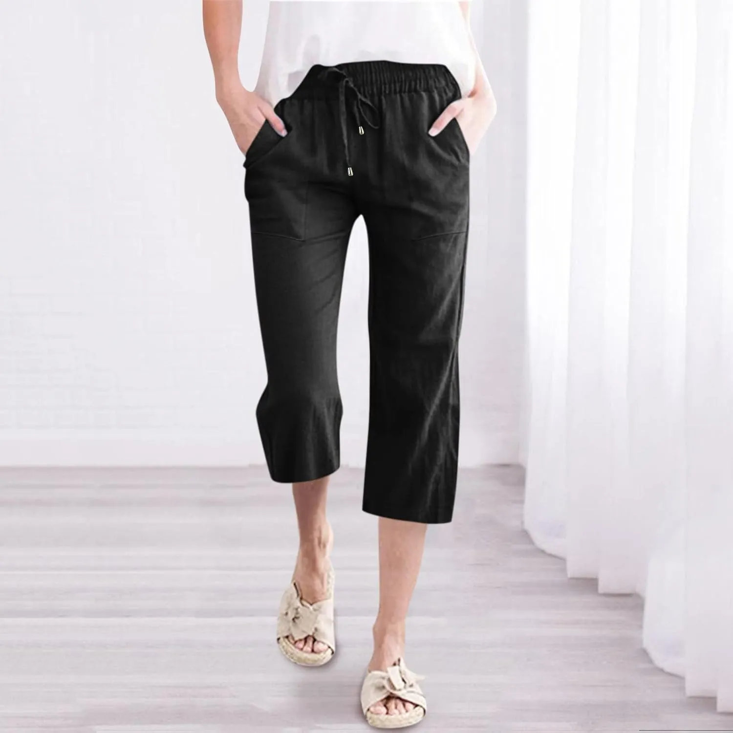 Capri Pants for Women,Elastic High Waist Linen Pant,Elastic Waist Capris with Pockets,Straight Wide Leg Cropped Trouser