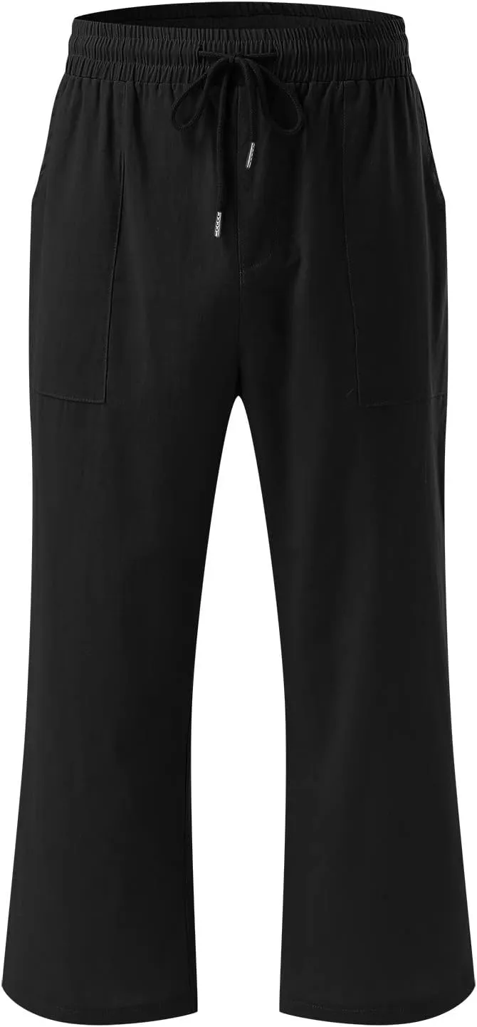 Capri Pants for Women,Elastic High Waist Linen Pant,Elastic Waist Capris with Pockets,Straight Wide Leg Cropped Trouser