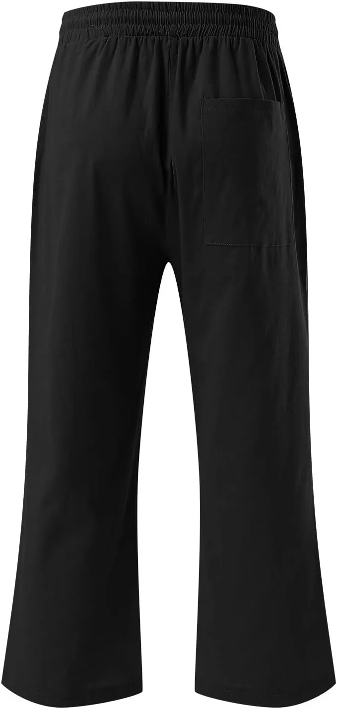 Capri Pants for Women,Elastic High Waist Linen Pant,Elastic Waist Capris with Pockets,Straight Wide Leg Cropped Trouser