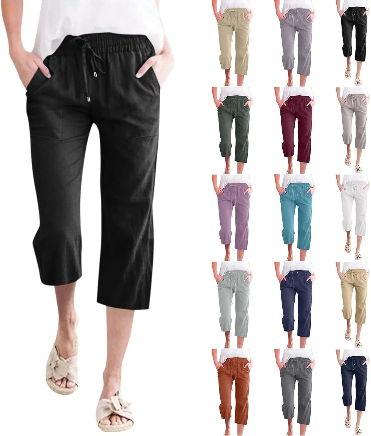 Capri Pants for Women,Elastic High Waist Linen Pant,Elastic Waist Capris with Pockets,Straight Wide Leg Cropped Trouser