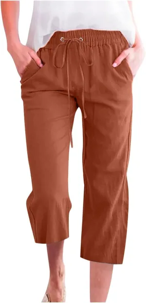 Capri Pants for Women,Elastic High Waist Linen Pant,Elastic Waist Capris with Pockets,Straight Wide Leg Cropped Trouser