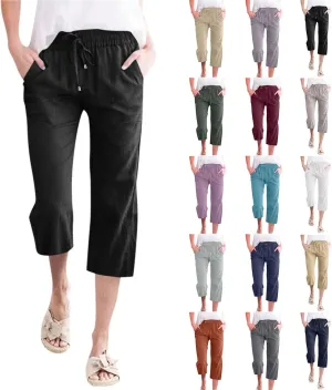 Capri Pants for Women,Elastic High Waist Linen Pant,Elastic Waist Capris with Pockets,Straight Wide Leg Cropped Trouser