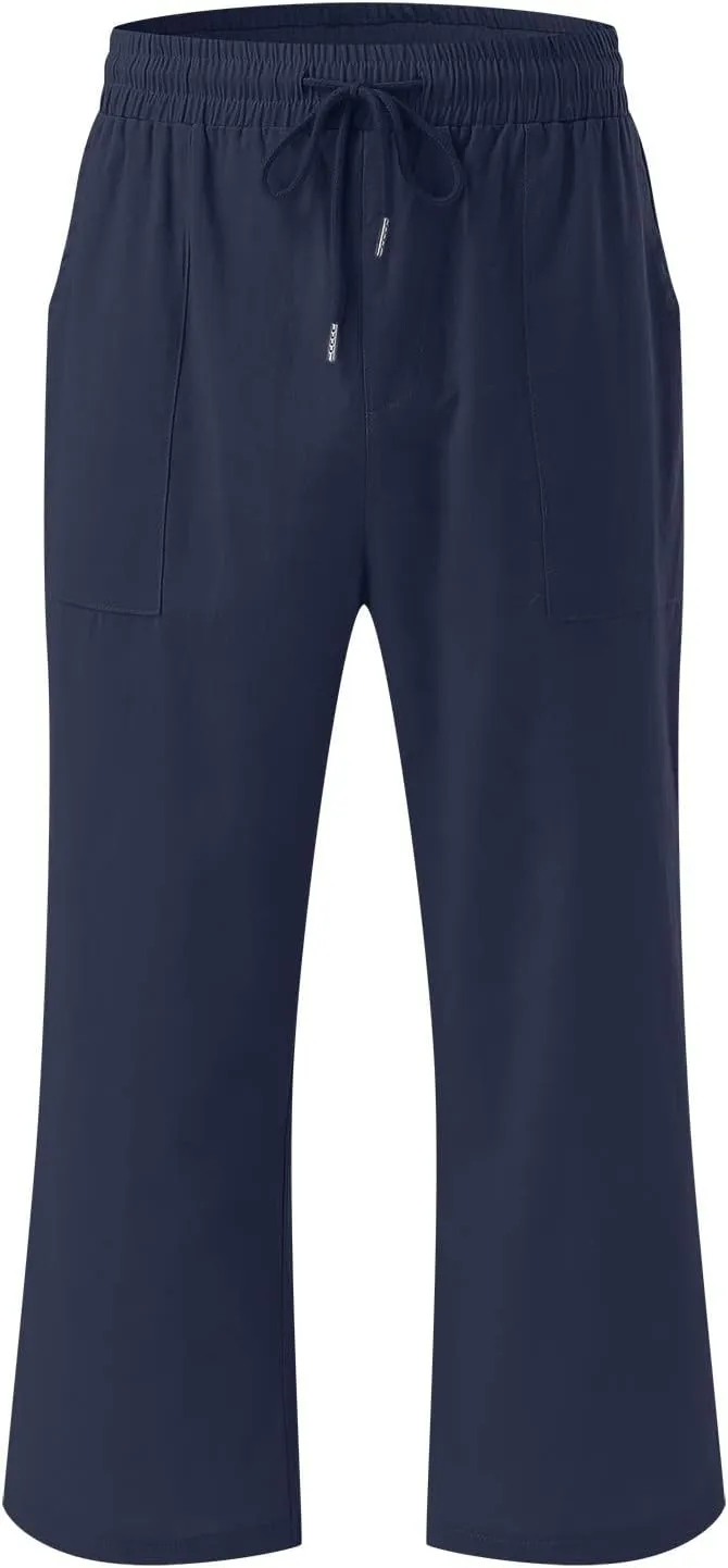 Capris Pants for Women Cotton Linen Casual 2025 Summer Plus Size Wide Leg Drawstring Elastic Waist Cropped Trouser