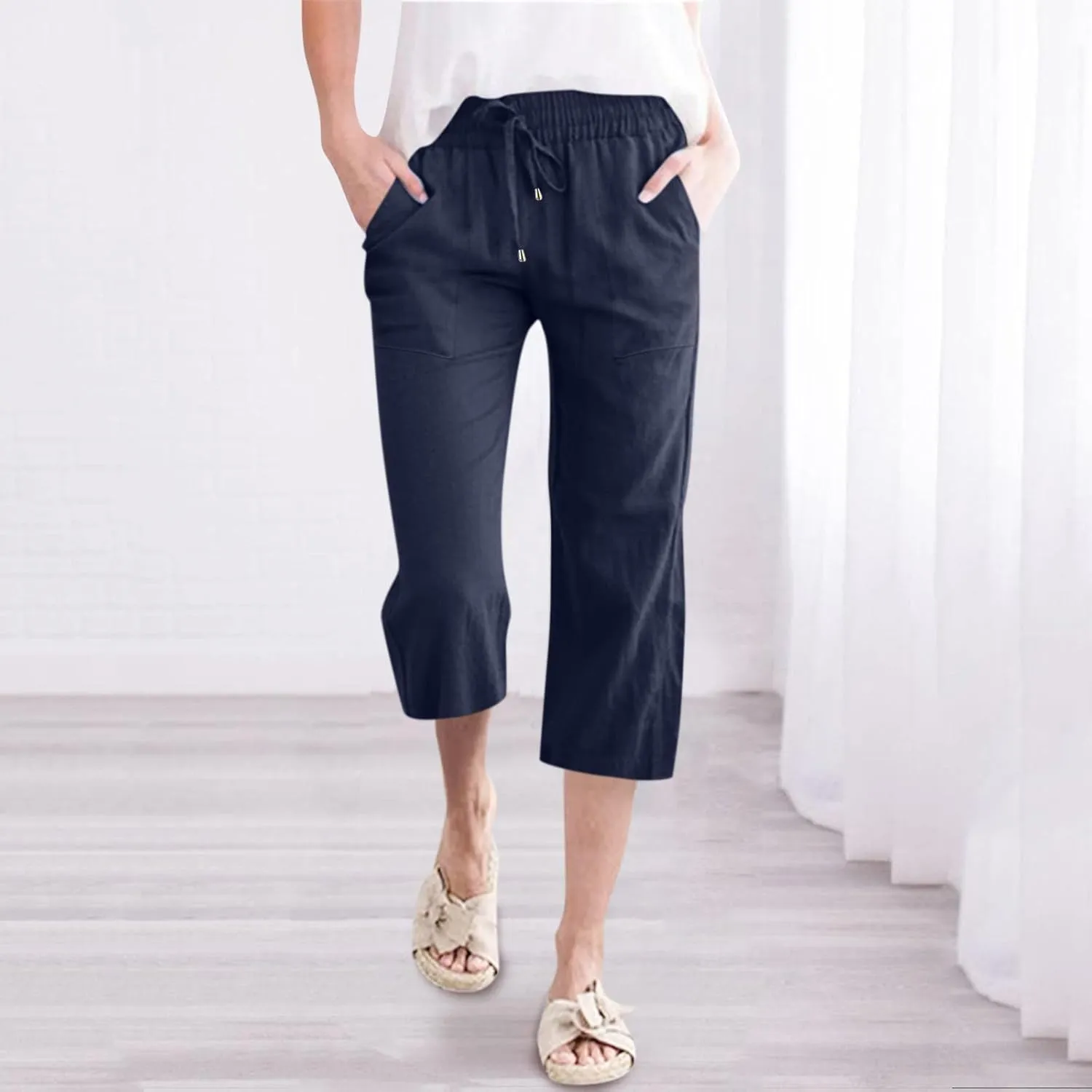 Capris Pants for Women Cotton Linen Casual 2025 Summer Plus Size Wide Leg Drawstring Elastic Waist Cropped Trouser