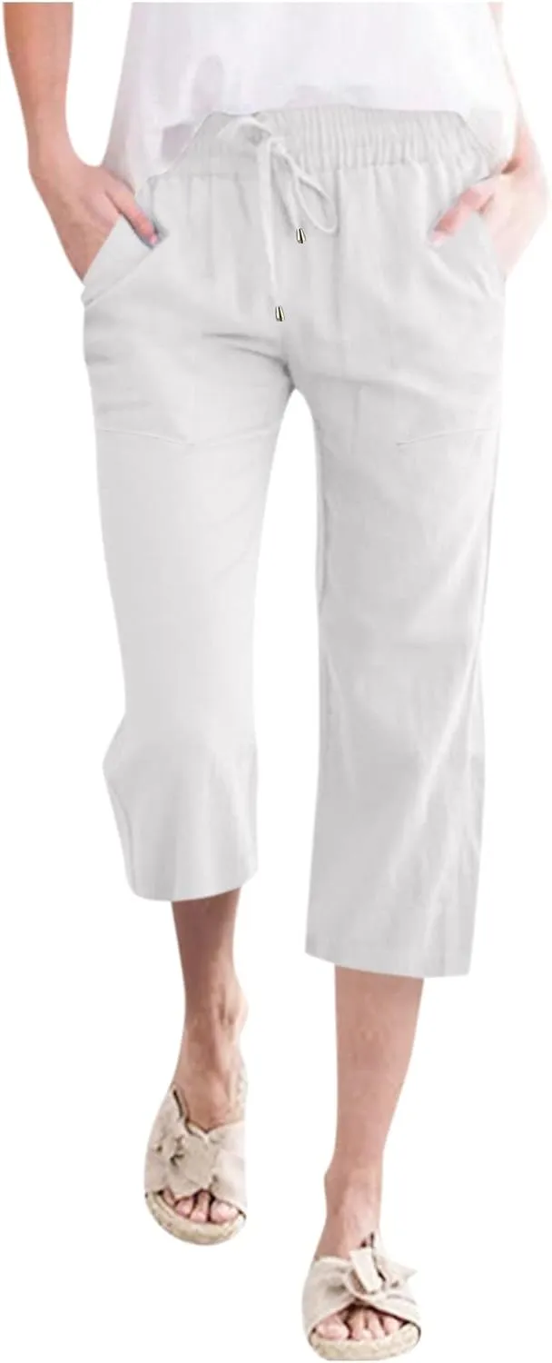 Capris Pants for Women Cotton Linen Casual Summer Cropped Pant Wide Leg Loose Drawstring Elastic Waist Casual Trouser
