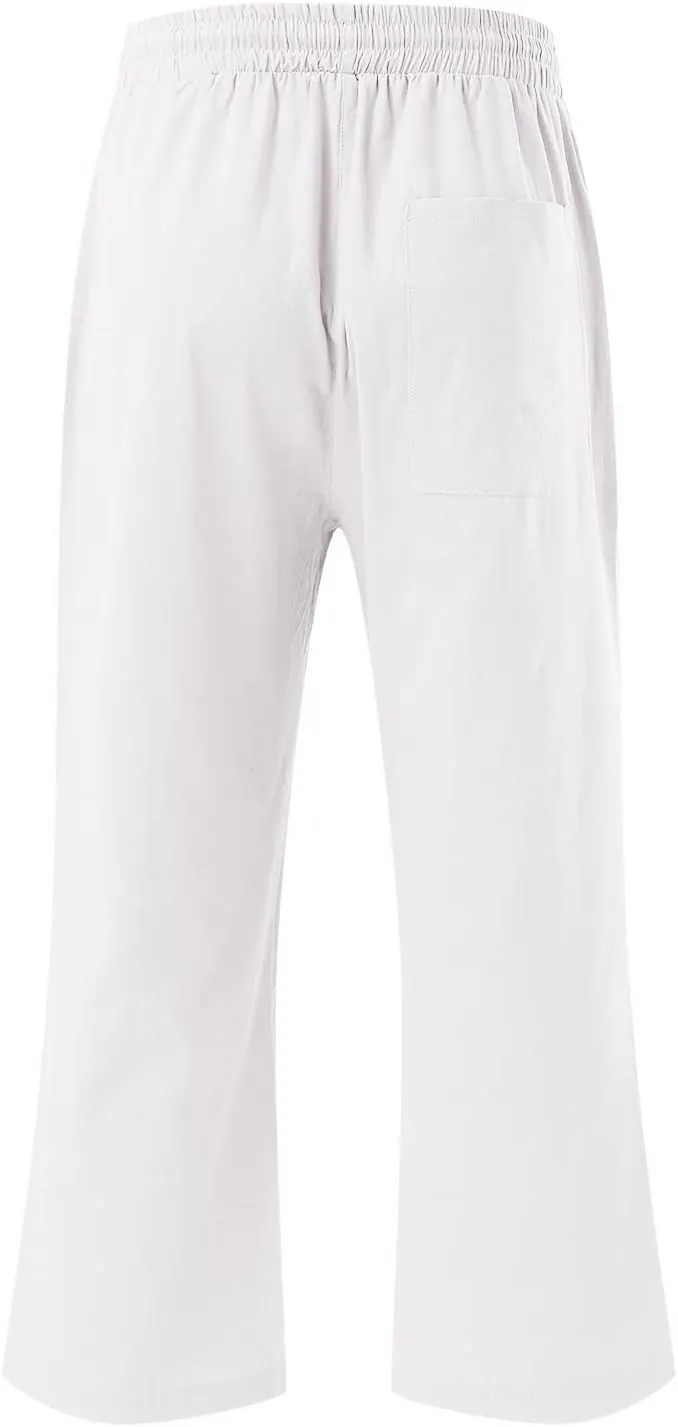 Capris Pants for Women Cotton Linen Casual Summer Cropped Pant Wide Leg Loose Drawstring Elastic Waist Casual Trouser