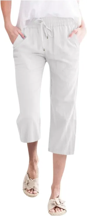 Capris Pants for Women Cotton Linen Casual Summer Cropped Pant Wide Leg Loose Drawstring Elastic Waist Casual Trouser