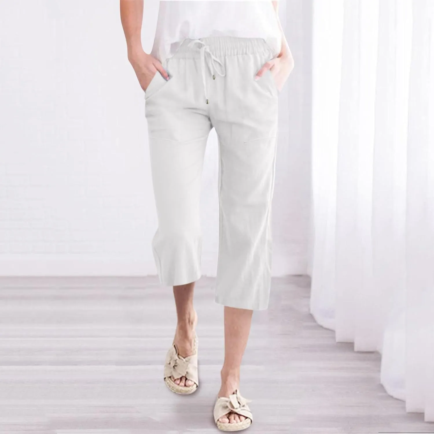 Capris Pants for Women Cotton Linen Casual Summer Cropped Pant Wide Leg Loose Drawstring Elastic Waist Casual Trouser