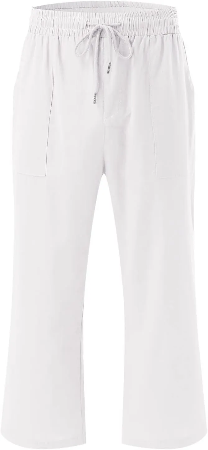 Capris Pants for Women Cotton Linen Casual Summer Cropped Pant Wide Leg Loose Drawstring Elastic Waist Casual Trouser