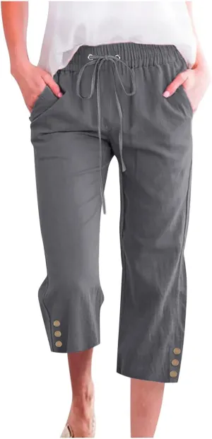Capris Pants for Women Dressy Casual Cotton Linen Petite Short Straight Leg Elastic Waist Drawstring Pocket Trouser