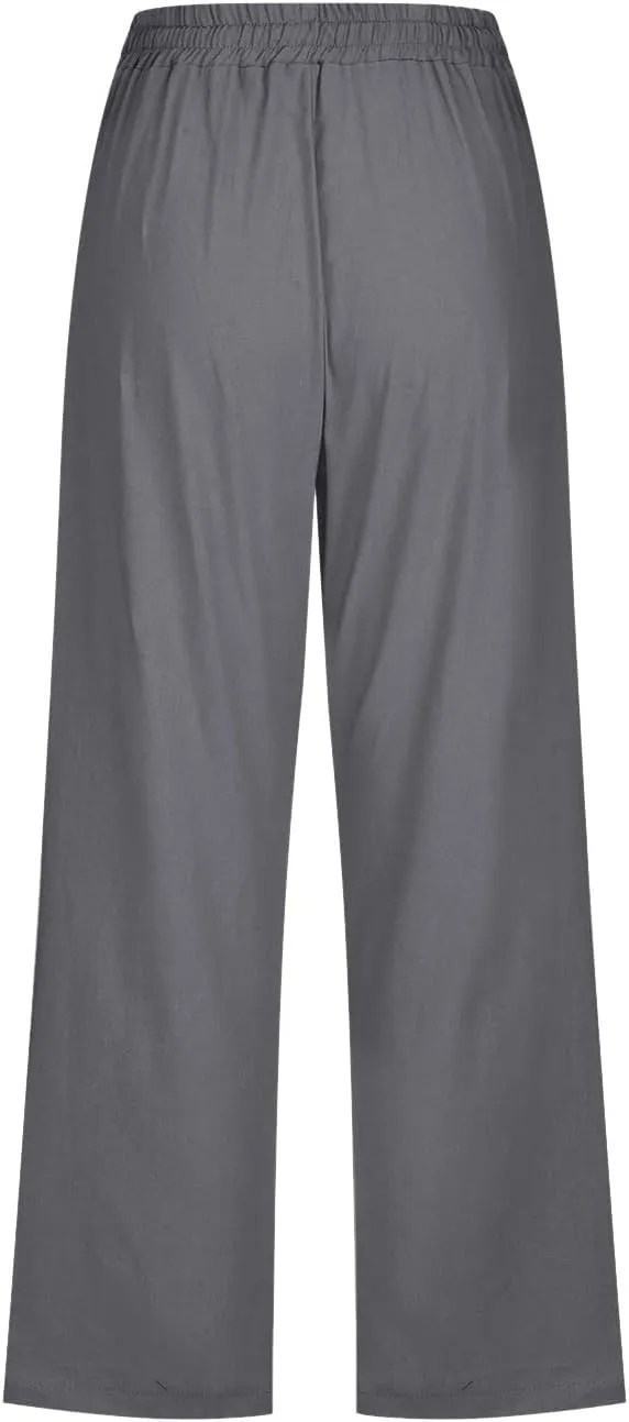 Capris Pants for Women Dressy Casual Cotton Linen Petite Short Straight Leg Elastic Waist Drawstring Pocket Trouser
