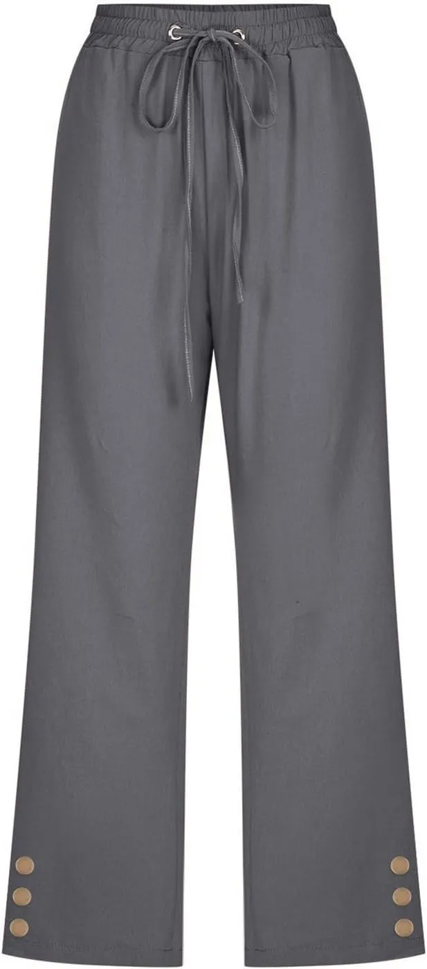 Capris Pants for Women Dressy Casual Cotton Linen Petite Short Straight Leg Elastic Waist Drawstring Pocket Trouser