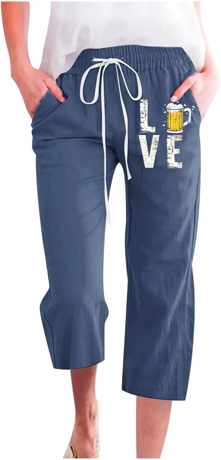 Capris Pants for Women Linen 3/4 Pants Wide Leg Capris Lightweight Baggy Cropped Trousers Beach Outfits for Women