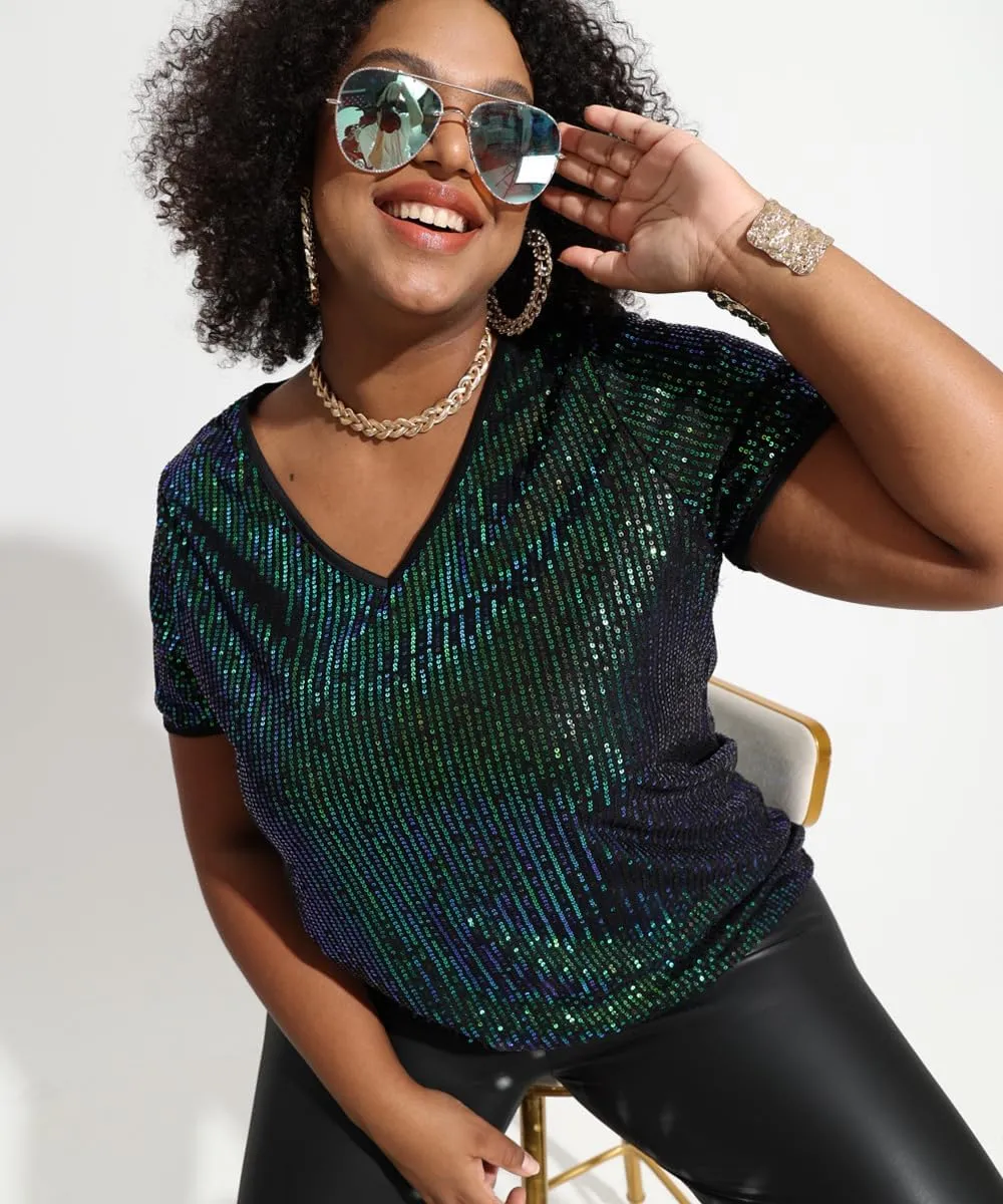 CARCOS Plus Size Sequin Top for Women Short Sleeve Party Blouse Evening Sparkle Shimmer V Neck Glitter Shirt Ladies XL-5XL