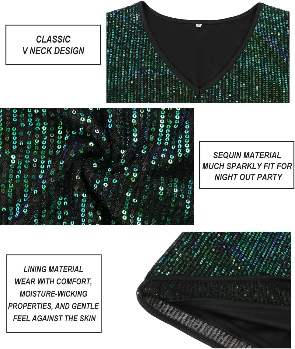 CARCOS Plus Size Sequin Top for Women Short Sleeve Party Blouse Evening Sparkle Shimmer V Neck Glitter Shirt Ladies XL-5XL