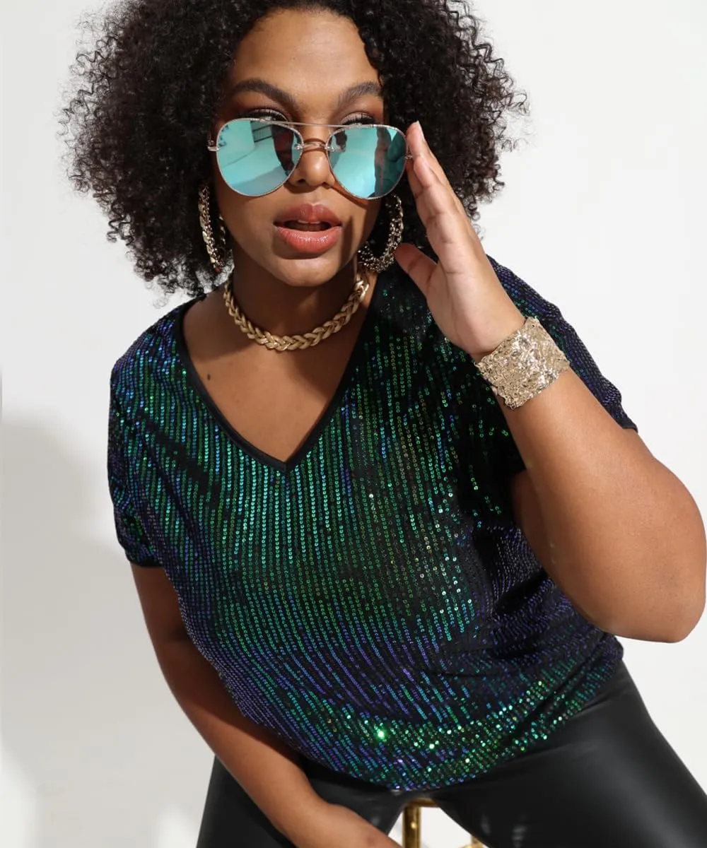 CARCOS Plus Size Sequin Top for Women Short Sleeve Party Blouse Evening Sparkle Shimmer V Neck Glitter Shirt Ladies XL-5XL