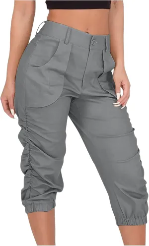 Cargo Capris for Women with Pockets Plus Size Button Up High Waist Capri Pants Ruched Capris Cargos Trousers