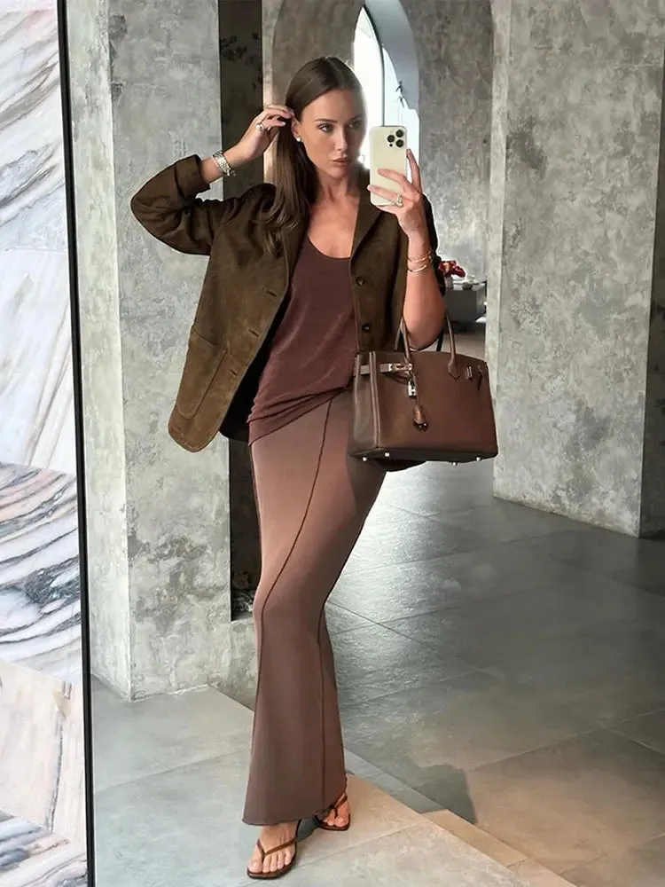 Casual Brown Women Lapel Jackets Fashion Long Sleeve Single Breasted Pockets Coats Autumn Office Lady Commuting Blazer Outwear