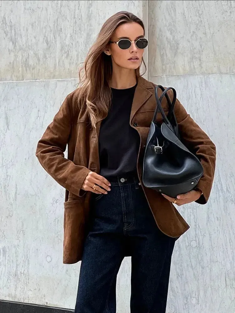 Casual Brown Women Lapel Jackets Fashion Long Sleeve Single Breasted Pockets Coats Autumn Office Lady Commuting Blazer Outwear