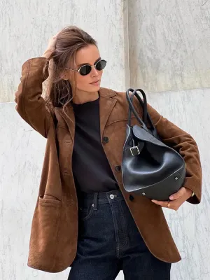 Casual Brown Women Lapel Jackets Fashion Long Sleeve Single Breasted Pockets Coats Autumn Office Lady Commuting Blazer Outwear