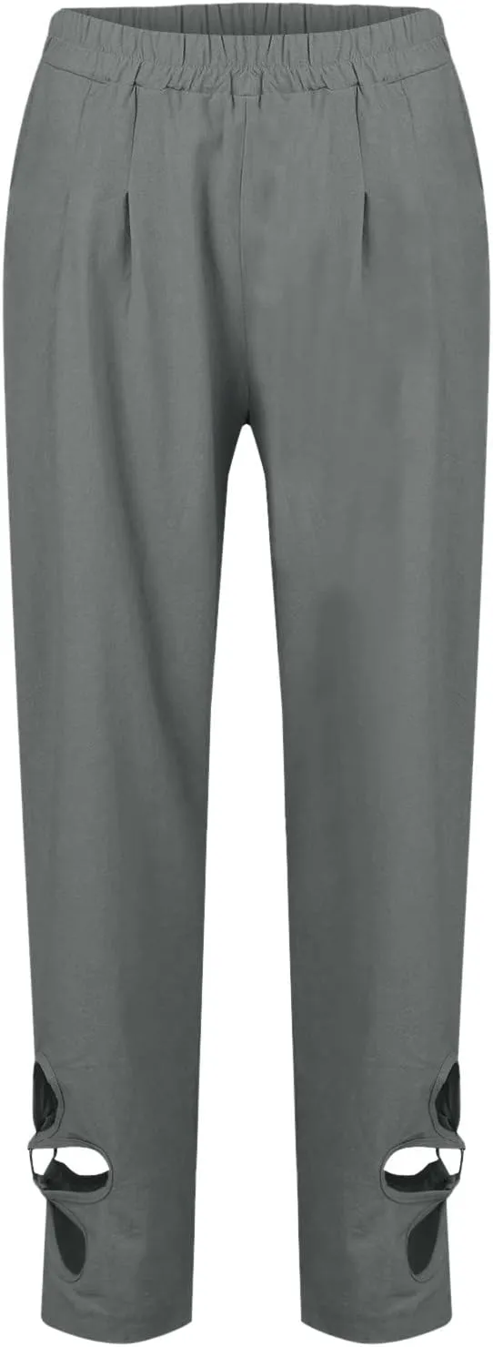 Casual Pants for Women Stripe Print Side Button Trendy Ankle Trousers Baggy Straight Leg Beach Cropped with Pocket