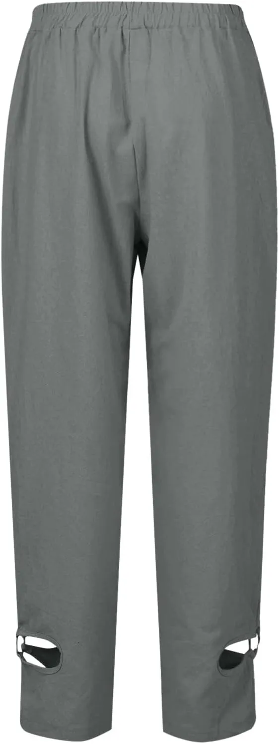 Casual Pants for Women Stripe Print Side Button Trendy Ankle Trousers Baggy Straight Leg Beach Cropped with Pocket
