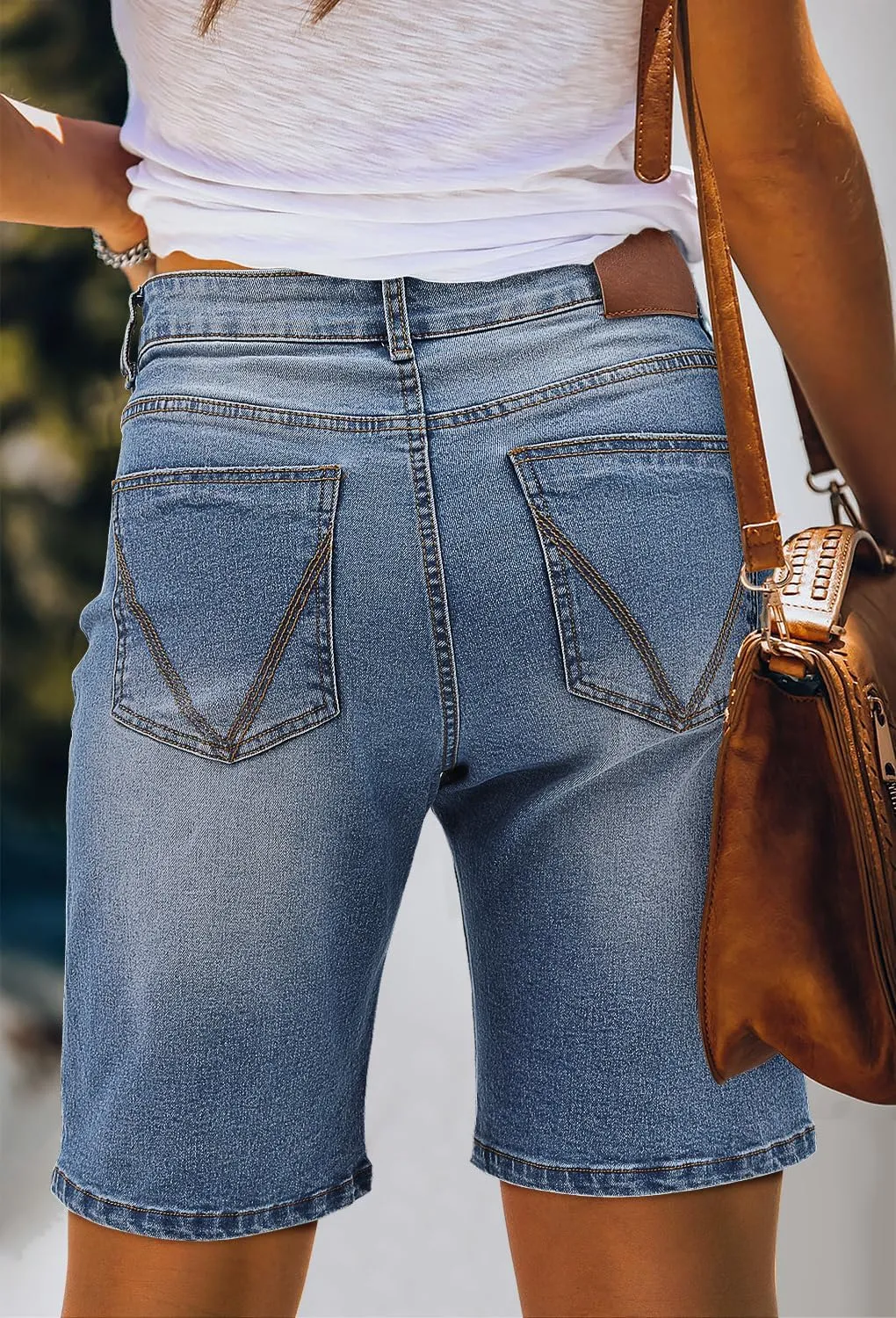 CHICZONE Womens Bermuda Jean Shorts Stretchy Mid Waisted Denim Shorts with Pockets