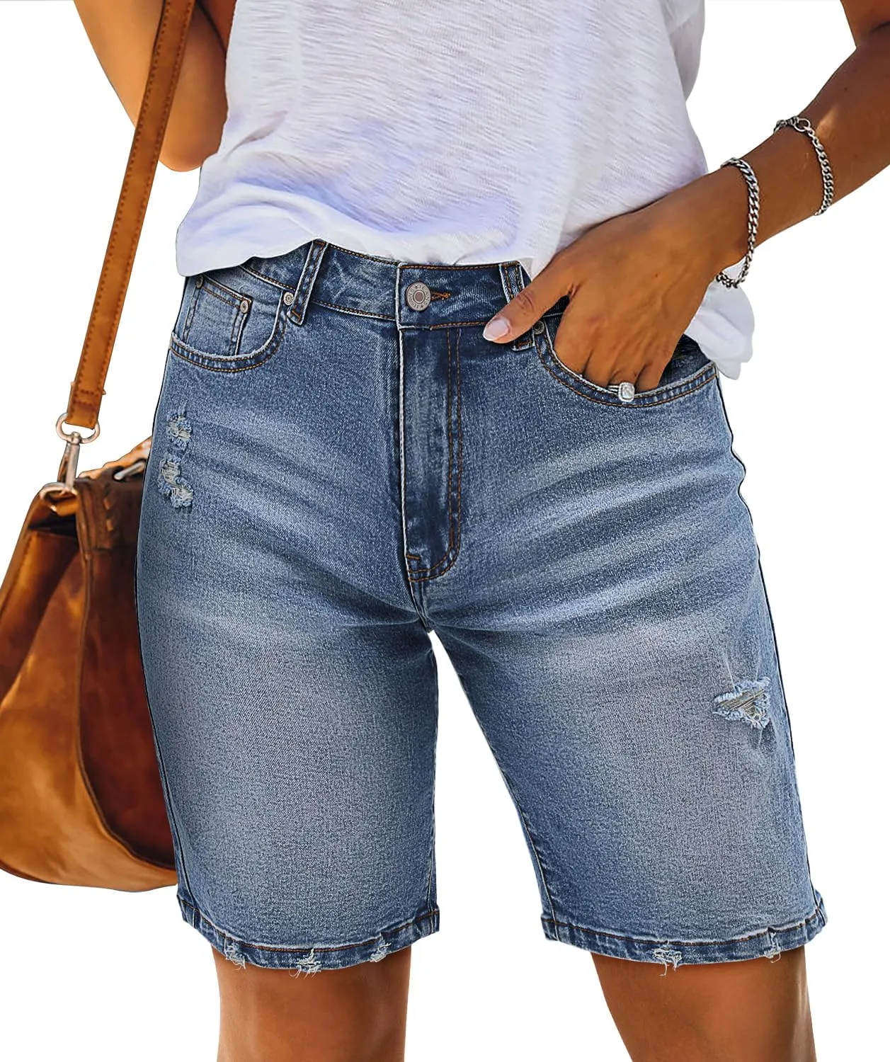CHICZONE Womens Bermuda Jean Shorts Stretchy Mid Waisted Denim Shorts with Pockets