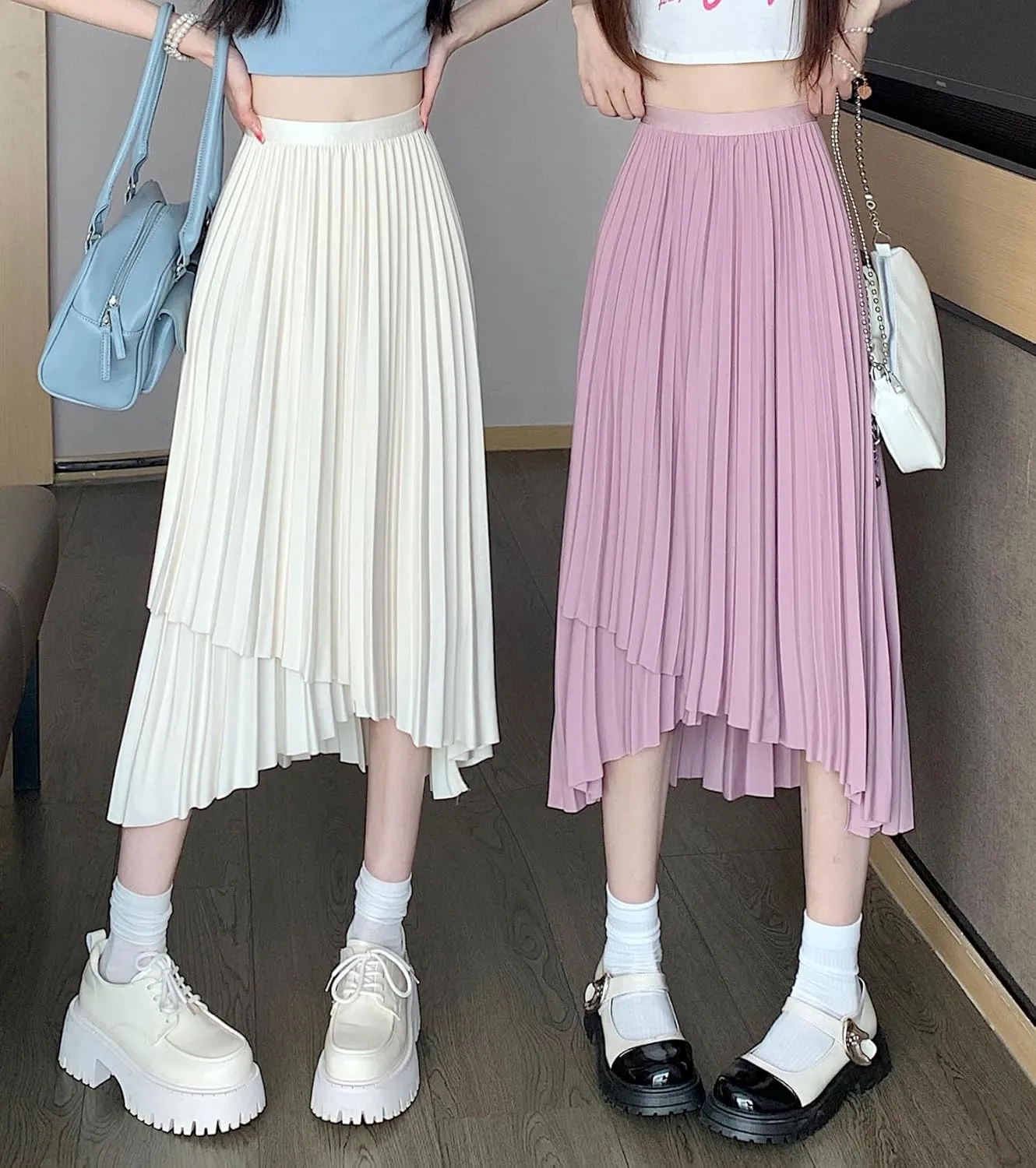 chouyatou Women's Asymmetrical Tulip Hem Party Dress Irregular Flowy Swing Accordion Pleated Midi Long Skirt