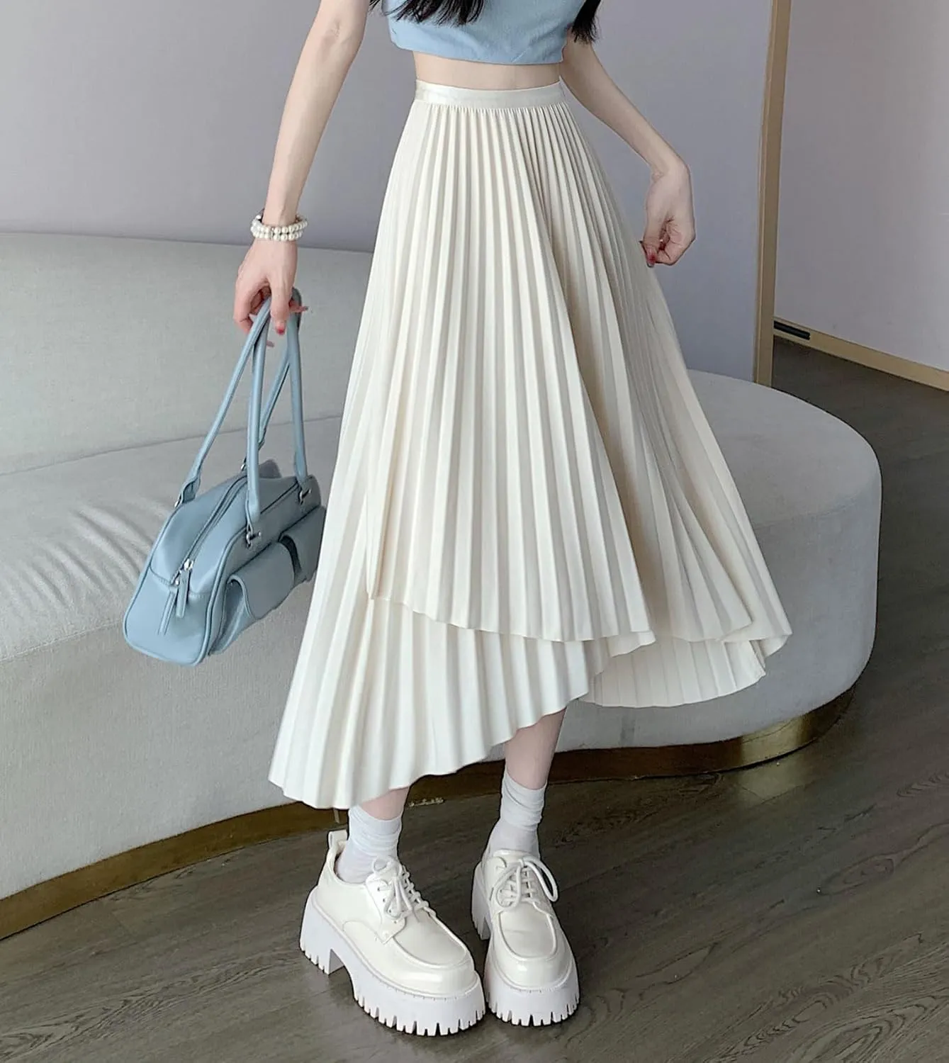 chouyatou Women's Asymmetrical Tulip Hem Party Dress Irregular Flowy Swing Accordion Pleated Midi Long Skirt