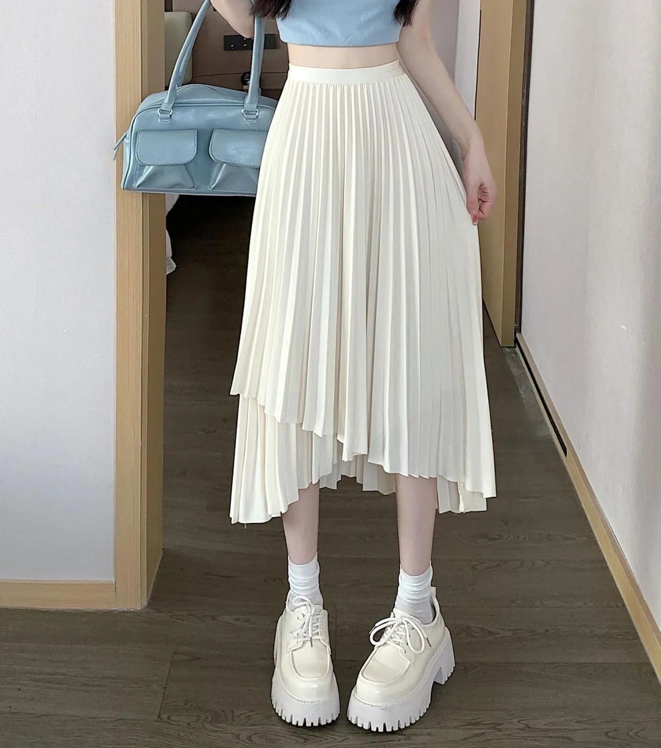 chouyatou Women's Asymmetrical Tulip Hem Party Dress Irregular Flowy Swing Accordion Pleated Midi Long Skirt