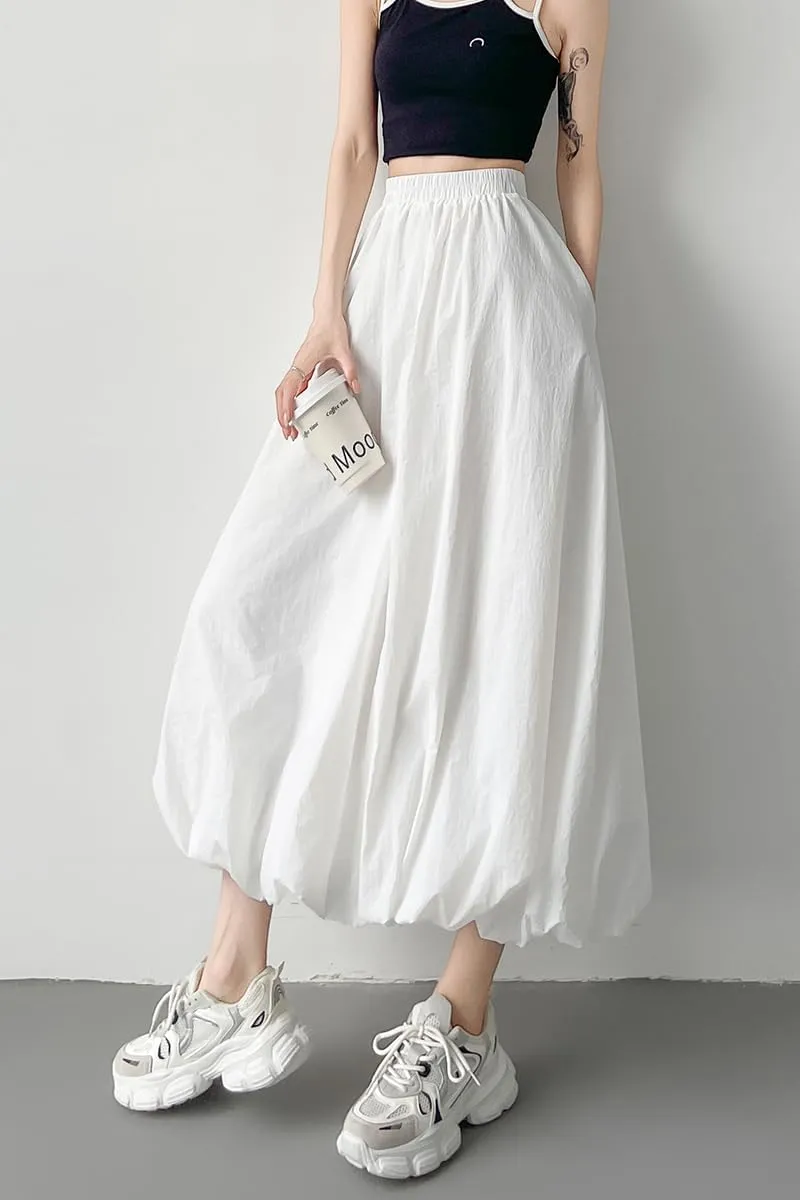 chouyatou Women's Casual Elastic Waist Y2k Bubble Skirt Puffy Pleated Balloon Midi Long Skirt with Pockets